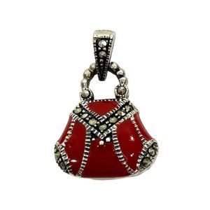 Women’s Pendant Red Enamel Purse Sterling Silver 925 Vintage Marcasite Stones
